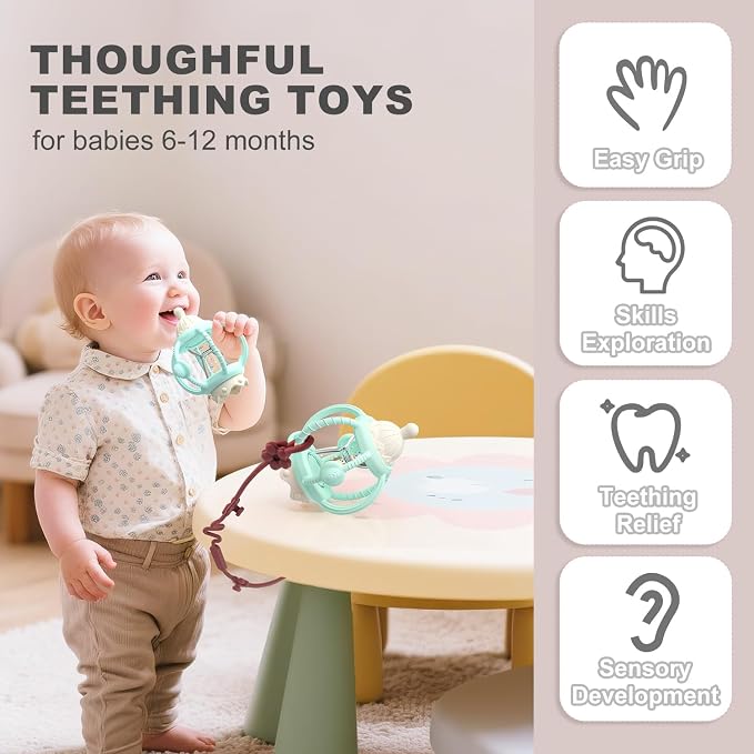 Silicone Teether Rattle Toy for Babies 0-12 Months Teething Relief | Montessori Sensory Teething Toy with Pacifier, Easy Grasp Handle for Infant Boys & Girls, Baby Must Haves