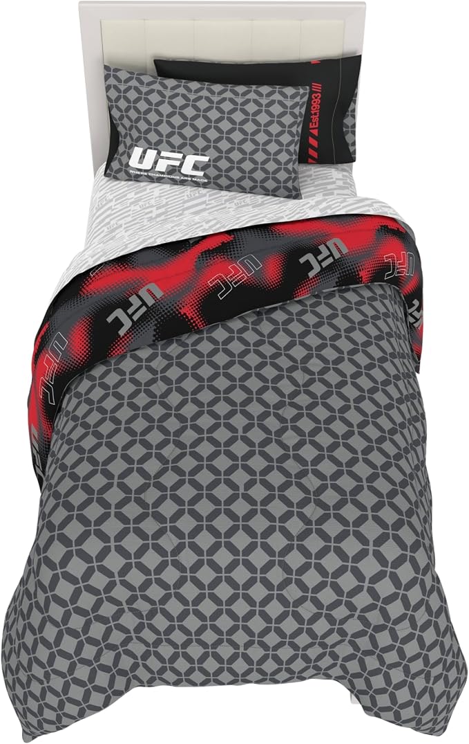 UFC Fight Night Bedding Set, Twin Size 5 Piece Set Super Soft Cozy Reversible Comforter and Sheet Set with Sham, (100% Officially Licensed Product) by Franco