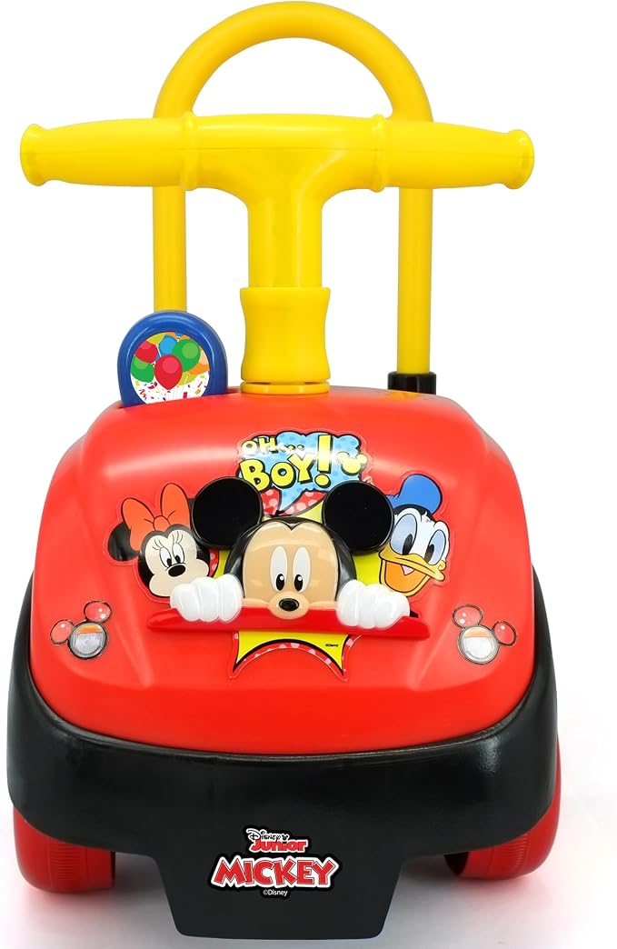 Kiddieland Mickey Mouse Foot-to-Floor Ride-On with Foldable Handle, Interactive Sounds, Toy Phone, Under-Seat Storage, Wide Wheels, 12–36 Months, 55 lb Limit, Batteries Included