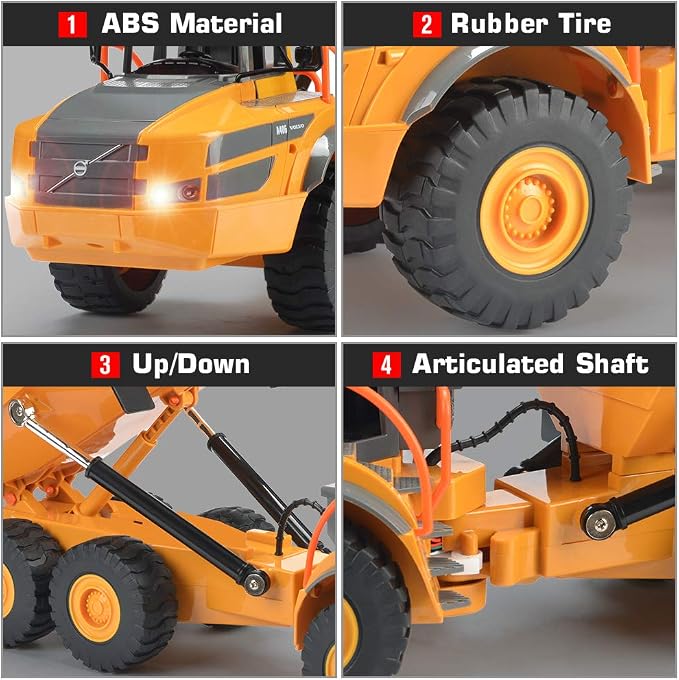 DOUBLE E Volvo RC Dump Truck Toy for Kids, Articulated Hauler, Remote Control Construction Toys Vehicles with Lights, Birthday Gifts Ideas for Boys Age 6 7 8 9 10 Year Old and up