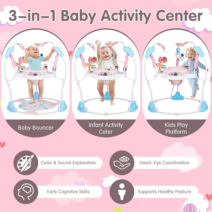Baby Activity Center, 3-in-1 Grow-with-Me Baby Jumper Activity Center, 360° Rotating Jumper & Bouncer with Interactive Toys, Music, Lights and 3 Adjustable Heights for Babies 6+ Months
