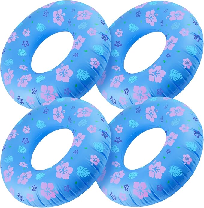 4-Pack Hawaiian Leaves & Flowers Pool Floats for Kids, 28 Inch Inflatable Swim Rings, Summer Beach Toys, Birthday & End-of-School Class Party Favors Decorations
