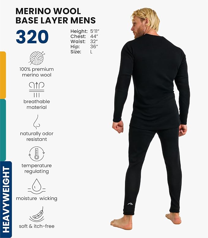 Merino.tech Merino Wool Base Layer Mens Set - Heavyweight, Midweight, Lite Merino Wool Thermal Underwear For Men Top, Bottom