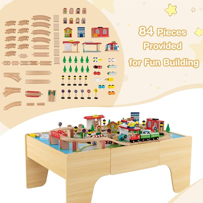 INFANS Train Table, 84 Pieces Wooden Kids Activity Toy Table Playset with Storage Drawer Reversible Detachable Tabletop, Tracks, Train, Railway, City, Gift for Toddler Boys Girls Ages 3+