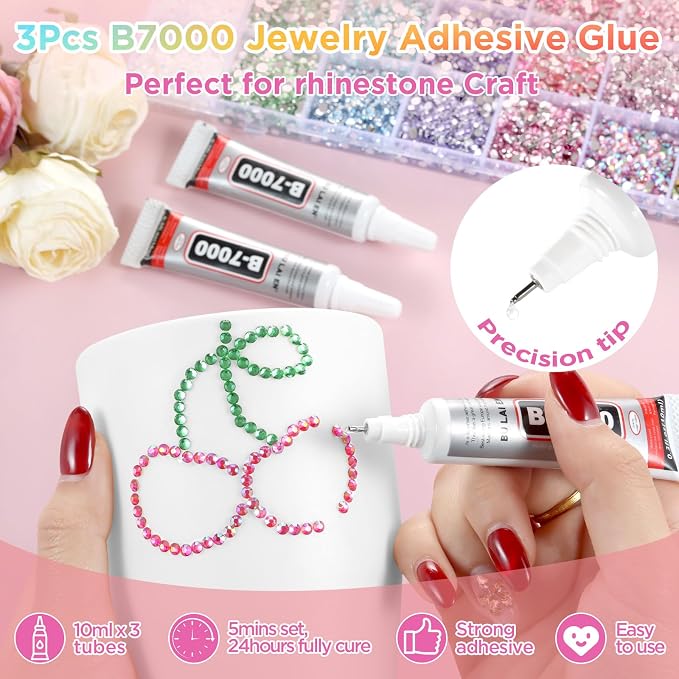 Zefy 40 Colors Resin Rhinestones for Bedazzling, 3mm 40000 Pcs Flatback Gems for Crafting, Bedazzling Kit with 3Pcs B7000 Glue for Clothing Shoes Nail Book Diamond Art