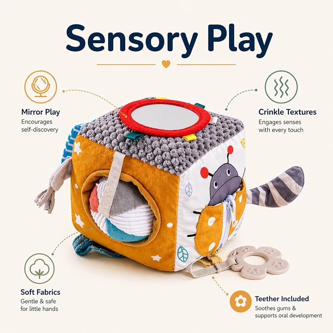 Baby Activity Cube Toy 8-in-1 for Babies 6-12 Months | Montessori Sensory Cube with Mirror, Teether, Crinkle Textures & Fine Motor Activities | Soft Busy Cube Toy for Toddler