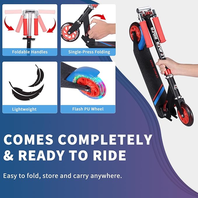 Kick Scooter - Collapsible Portable Kids Push Scooter - Lightweight Folding Design with High Visibility RGB Light Up LEDs on Wheels