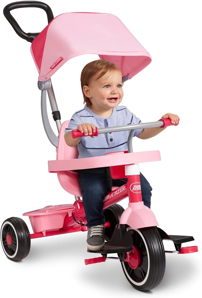 Radio Flyer 4-in-1 Stroll 'N Trike, Ages 1-5, Toddler Tricycle & Stroller, Foam Tires, Push Handle, UV Canopy, Removable Tray, Seatbelt, Amazon Exclusive