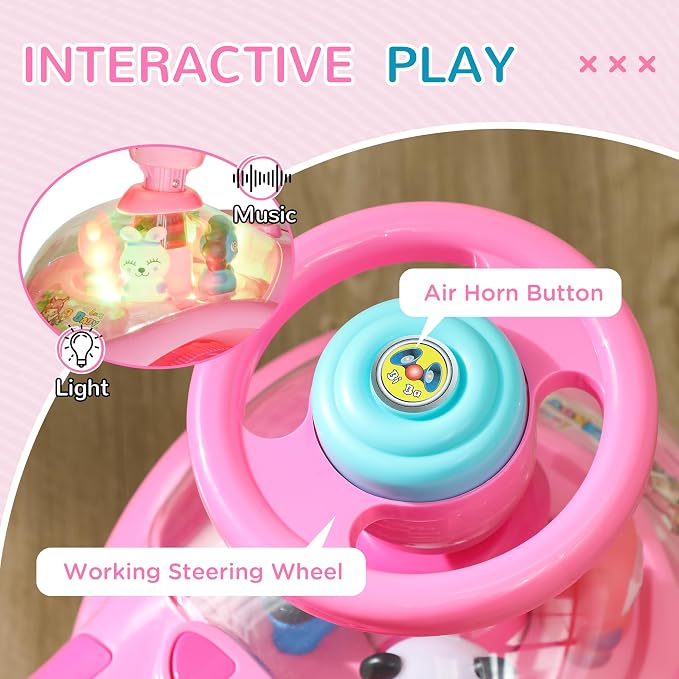 Qaba Toddler Push Car, Foot to Floor Ride on Toy with Horn, Light, Music, Steering Wheel, Anti-Over-Backwards Device & Under Seat Storage, Baby Sliding Car for Boys Girls 18-36 Months, Pink