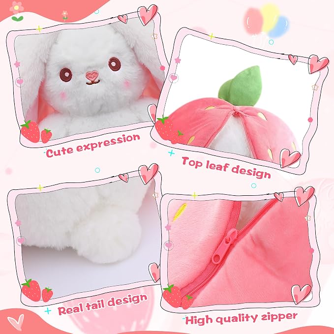 MIAODAM 13.7in Large Easter Bunny Stuffed Animal, Kawaii Squishy Cute Easter Bunny Plush Turn Into Rabbit Fruit Doll Strawberry, Christmas Plushies Funny Bunny Toy for Kid Gift for Girlfriend