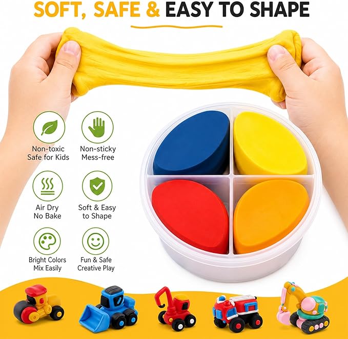 Air Dry Clay Kit for Kids – 12 Pack Construction Vehicles Modeling Clay Set | DIY Art Crafts with Sculpting Tools & Tutorials, Ultra Light Soft Magic Clay Car, Birthday Party Favors for Boys Girls