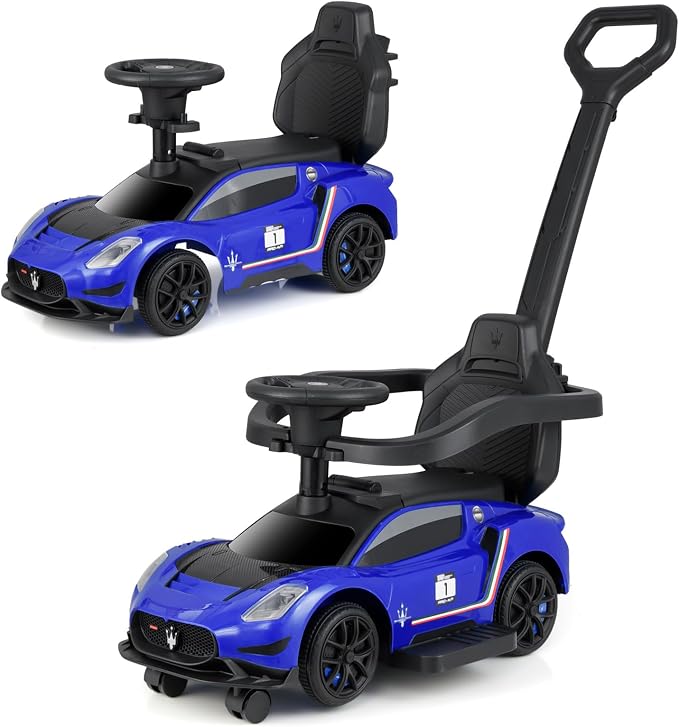 OLAKIDS Push Car for Toddlers, Licensed Maserati 3 in 1 Baby Ride on Sliding with Parent Control Handle, Universal Wheels Safe Guardrails Under Seat Storage, Kids Walking Toy with Music Horn (Navy)