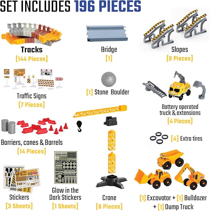 JITTERYGIT Construction Race Track Site Toy - Including Sandbox Vehicles, Trucks, Excavator, Bulldozer, Dump Truck, Crane - Birthday Gift for Kids, Boys, Girls, Toddlers for Ages 3 4 5 6 7 8 Year Old