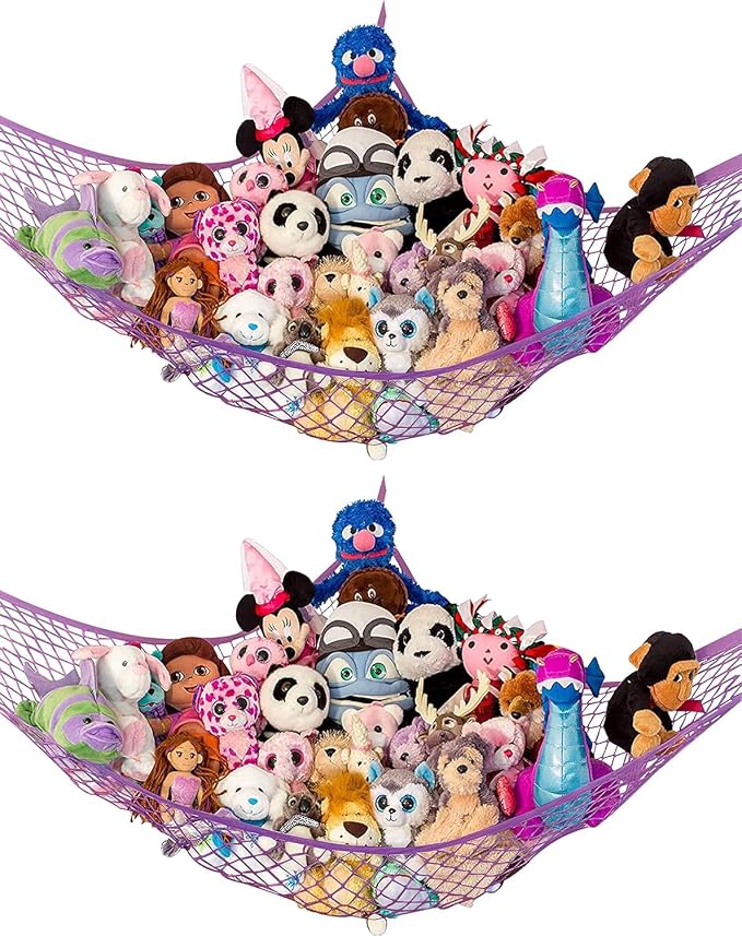 Stuffed Animal Hammock XL 2 Pack | Corner Stuffed Animal Storage & Plushie Net | Extra Large Toy Hammock for Stuffed Animals | Easy Hang, Hardware Included | Purple Bedroom Decor | by Lilly's Love