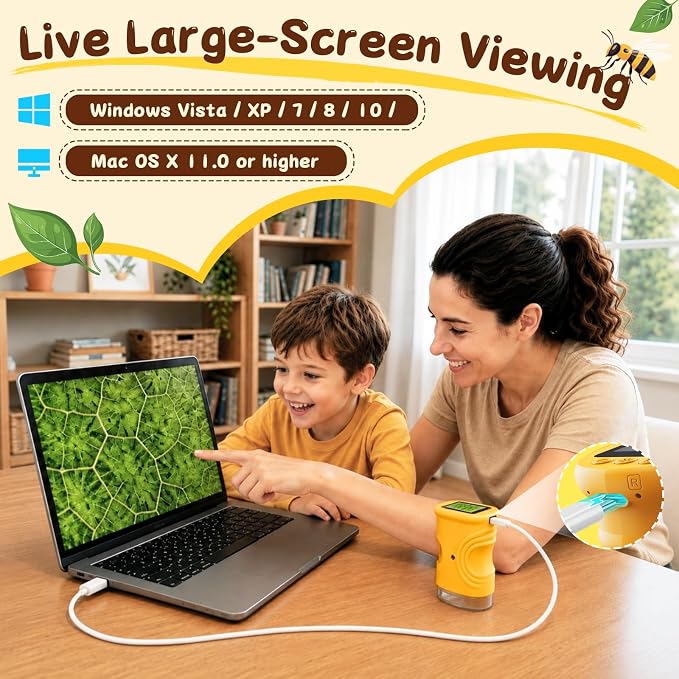 SEEKID Microscope for Kids 200-1000X, STEM Toy Science Kit for Kid(Yellow) | Handheld Digital Microscope with 2" IPS Screen, 4K HD Camera 200+ Photo Storage for Girls Boys Child Birthday Gifts