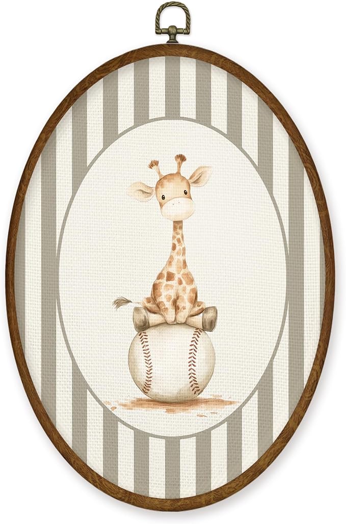 WULQYING Vintage Giraffe Baseball Nursery Wall Art Decor, Sports Oval Framed Canvas Art Prints, Neutral Striped Giraffe Baseball Wall Hanging Decor for Kids Boy Nursery Room Playroom, 8.5x11.4 Inches