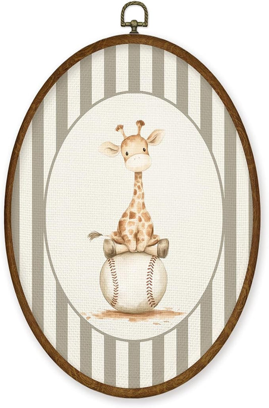WULQYING Vintage Giraffe Baseball Nursery Wall Art Decor, Sports Oval Framed Canvas Art Prints, Neutral Striped Giraffe Baseball Wall Hanging Decor for Kids Boy Nursery Room Playroom, 8.5x11.4 Inches