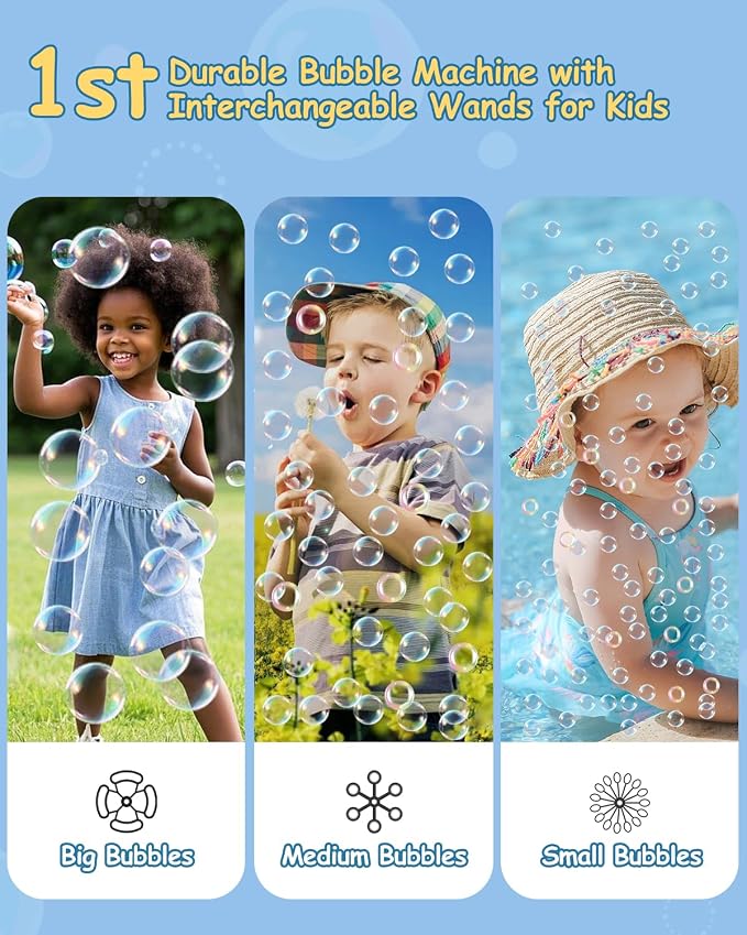 Upgraded Bubble Machine, Make Big/Medium/Small Bubbles, 2000+ - over 10000+ Per Min, Bubble Machine for Toddlers Kids, Bubble Blower Powered by Plug/Battery for Indoor Outdoor Parties Birthday Wedding