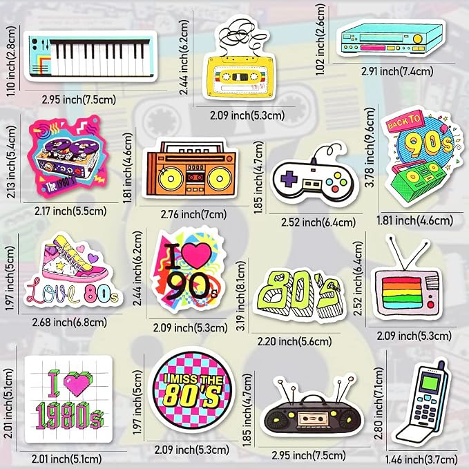 QTL 80s and 90s Stickers for Adults, Retro Waterproof Vinyl Stickers, Party Supplies and Vintage Decorations, Water Bottle and Laptop, 70PCS
