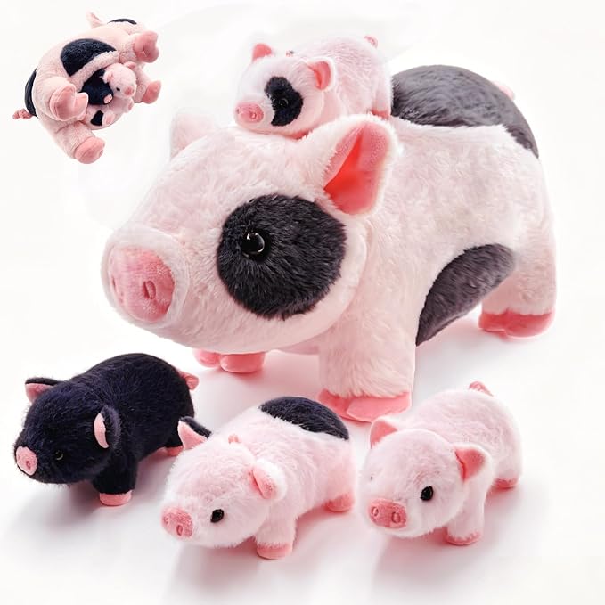 Pig Stuffed Animal，Cute Pig Mommy Stuffed Animal with 4 Baby Pig Plushies in Tummy，Kawaii Pig Plush Toy Gift for Kids Girls Boys