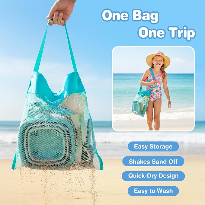 Dreamon Beach Toys, 3 Pack Collapsible Sand Buckets for Kids, Shovels & Rakes Set with Mesh Bag, Kids Beach Essentials Sandcastle Building Kit for Beach Trip Outdoor Play and Summer Fun
