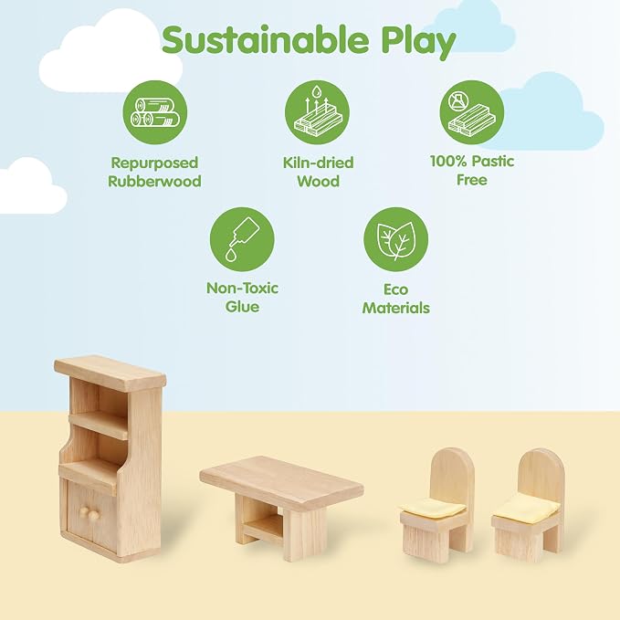 PlanToys® Dining Room Classic Set | Montessori Small World and Family Role Play | Eco Friendly Wooden Dining Room Furniture for Imaginative Play