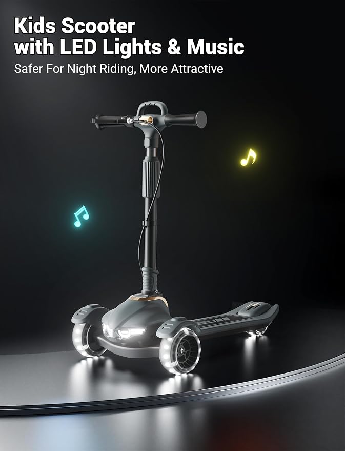 Large Kids Scooter, Toddler Scooter for Kids 3-18 & Adults, Safe Dual Brakes (Foot Brake/Hand Brake) & Music with Lights, 5-Level Adjustable & One-Click Folding Kick Scooter.