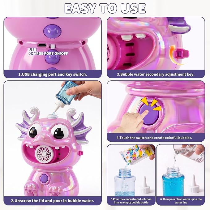 No Spill Bubble Machine for Kids, Rechargeable Bubble Monster (Pink) | Unique Designs Fashion Polished Surface, Colorful Bubble Maker for Indoor Outdoor Birthday Party Xmas Present