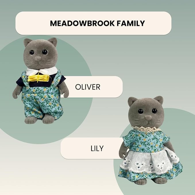 Family Gray Cat Figures — Set of 2 Collectible Flocked Mini Dolls with Removable Clothes, Dollhouse Pretend Play Set for Kids Ages 3+