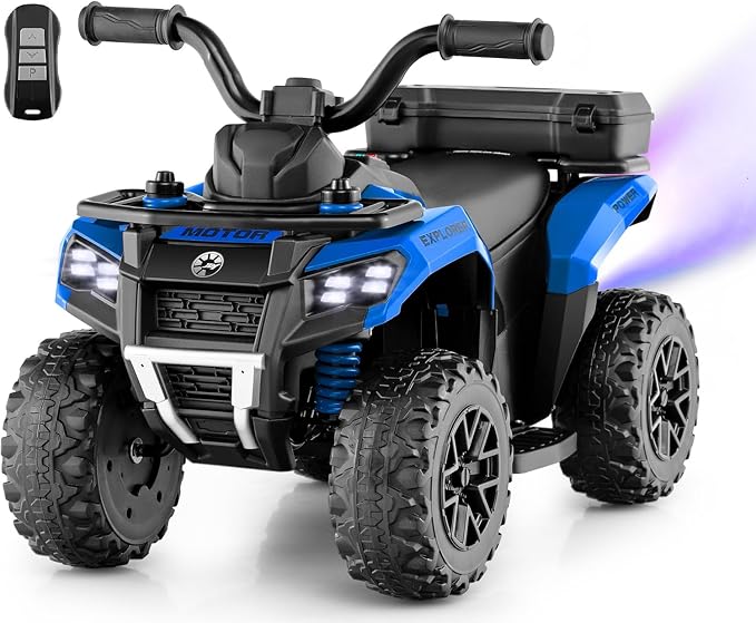OLAKIDS Kids ATV with Spray Function, Remote Control, Storage Trunk, 6V Toddler Ride on Toy, Blue