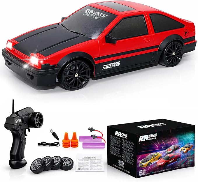 Remote Control Car RC Drift 2.4GHz 1:24 Scale 4WD 15KM/H High Speed Model Vehicle with LED Lights Drifting Tire Racing Sport Toy for Adults Boys Girls Kids Gift 2Pcs Rechargeable Batteries