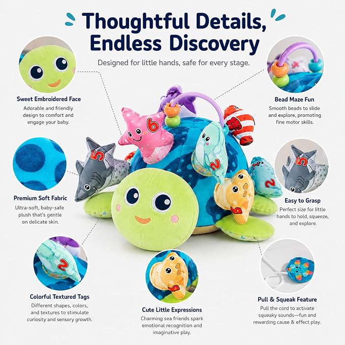 Baby Sensory Pull Out Toys – Soft Plush Turtle with 8 Detachable Baby Animals, Crinkle Paper & Rattle, Montessori Fine Motor Skill Toy for 6-12 Months Infant, Toddler 1-3 Year Old