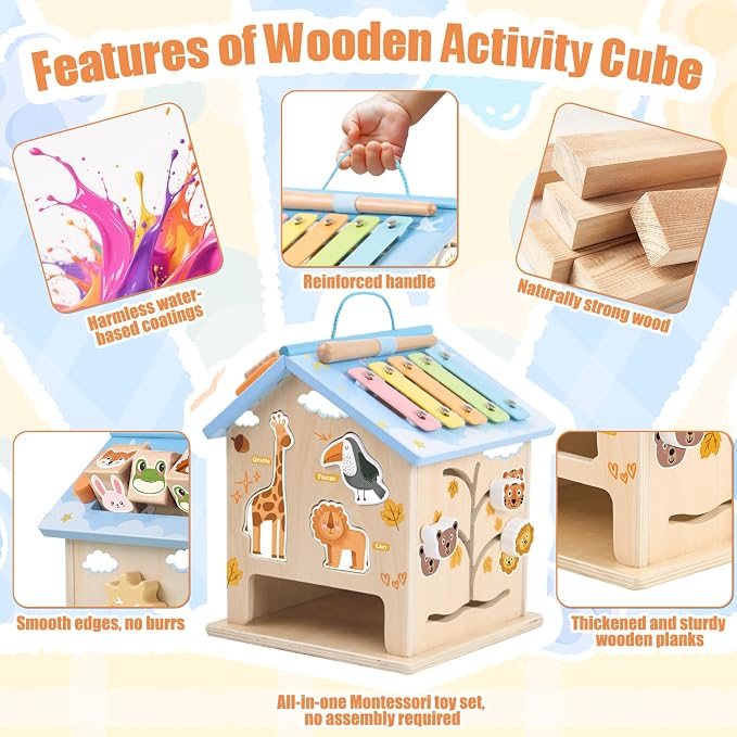 Wooden Activity Cube Montessori Toys for 6 Months Old 1 2 3 Years Toddlers Boys Girls 8-in-1 Baby Activity Center Birthday Gifts Shape Sorter Educational Learning Wood Cube