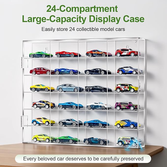 JUESHA 2 Pack Acrylic Display Case for Hot Wheels Storage 1/64 Scale, 6 Levels 24 Slots Toy Cars Showcase Wall Mount or Desktop, Clear Display Organizer for Diecast Matchbox Model Car Tabletop