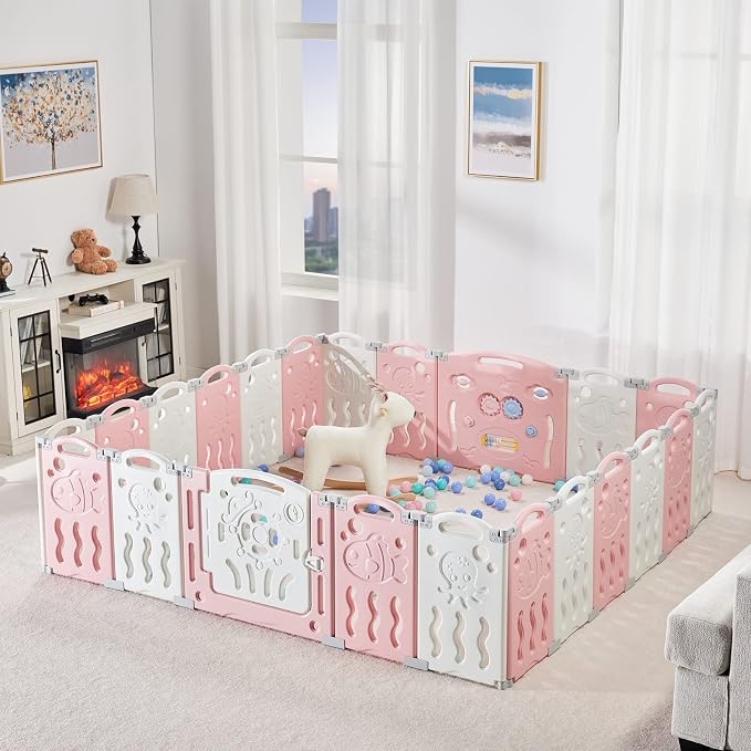 Albott Baby Playpen, Upgraded 22 Panels Foldable Baby Fence with Game Panel and Safety Gate, Adjustable Shape, Portable Play Yards for Children Toddlers Indoors or Outdoors (Pink+White, 22 Panel)