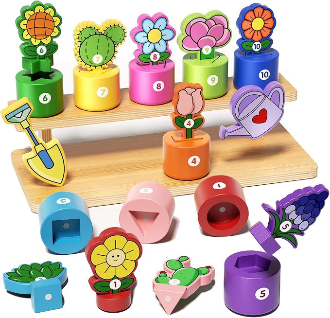 GJZZ Montessori Shape and Color Sorting Toys, Wooden Flower Garden Set | Learning, Number Cognition, Fine Motor Skills, Birthday Gifts, Pretend Play for 2 Year Old Girl