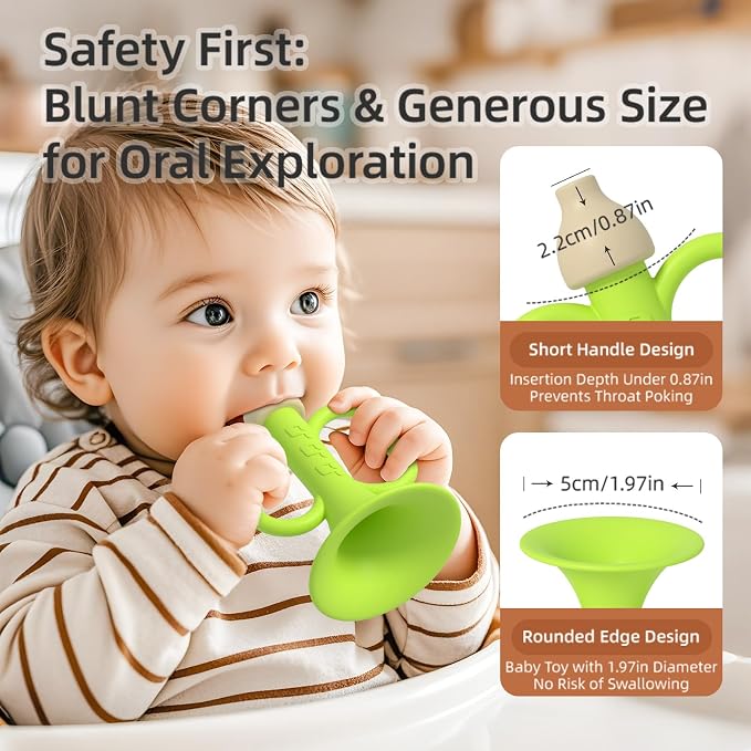 Baby Trumpet Toy 6-12 Months, Silicone Baby horn blowing toy with 2PCS yellow green for Teething Sensory play, Easy Grip Toddler whistle toys 0-6 Months Newborn Gift (Trumpet)