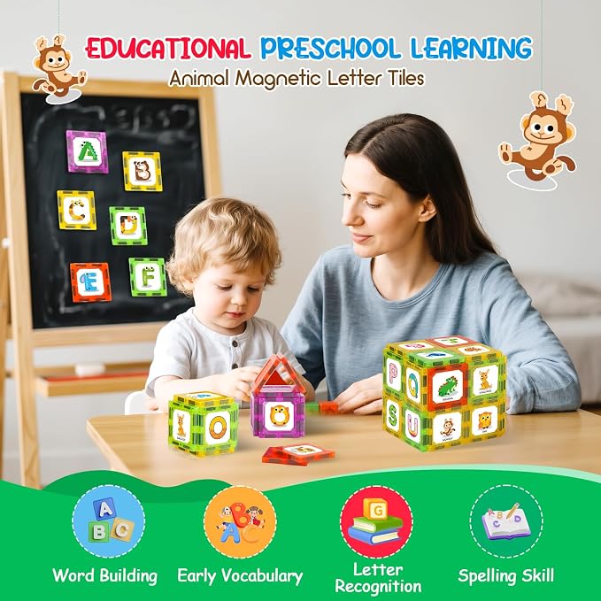 Magnetic Tiles Letters Learning Toys, Animals Alphabet ABC Magnets for Kids 1-3 2-4 3-5 4-8, Toddlers Classroom Must Haves 48PCS Stacking Toys, Homeschool Essentials for Preschool Spelling Game