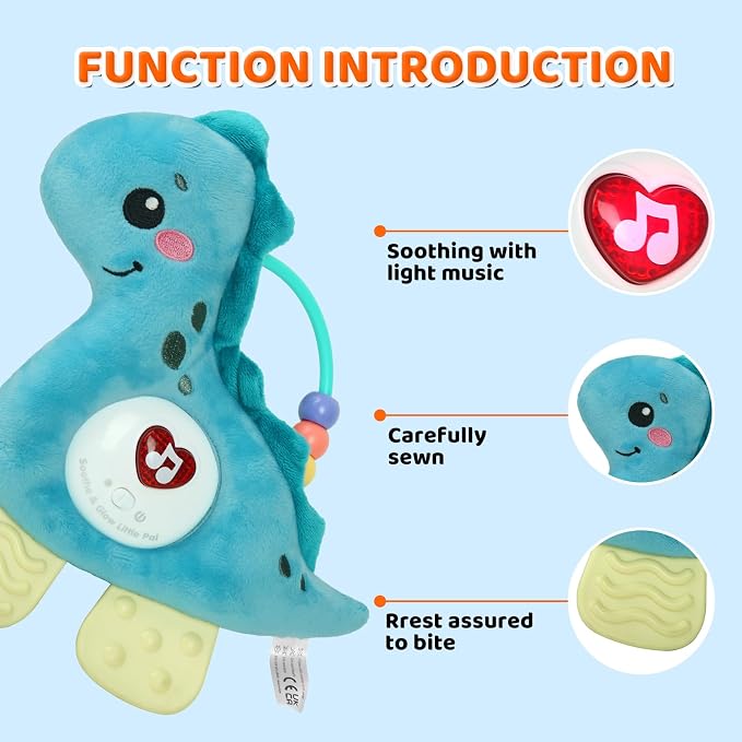 Baby Musical Activity Soft Toys with Sound & Light, Sensory Toys for Infant Developmental with Teether, Rattle and Textures, Soft Plush Toy for Newborn Gift 6 to 12 Months (Blue Dinosaur)