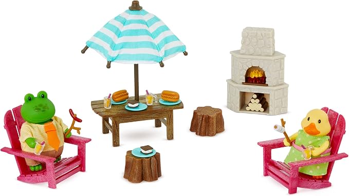 Li'l Woodzeez – Toy Backyard Furniture Playhouse with Miniature Fire Pit & Chairs Dollhouse Playset, Includes 2 Posable Figures, – 3+ Years
