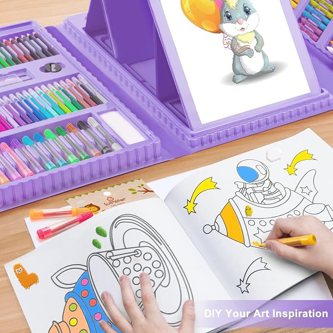Art Supplies, 272 Pack Art Set Drawing Kit for Girls Boys Teens Artist, Deluxe Gift Art Box with Trifold Easel, Origami Paper, Coloring Pad, Drawing Pad, Pastels, Crayons, Pencils, Watercolors(Purple)
