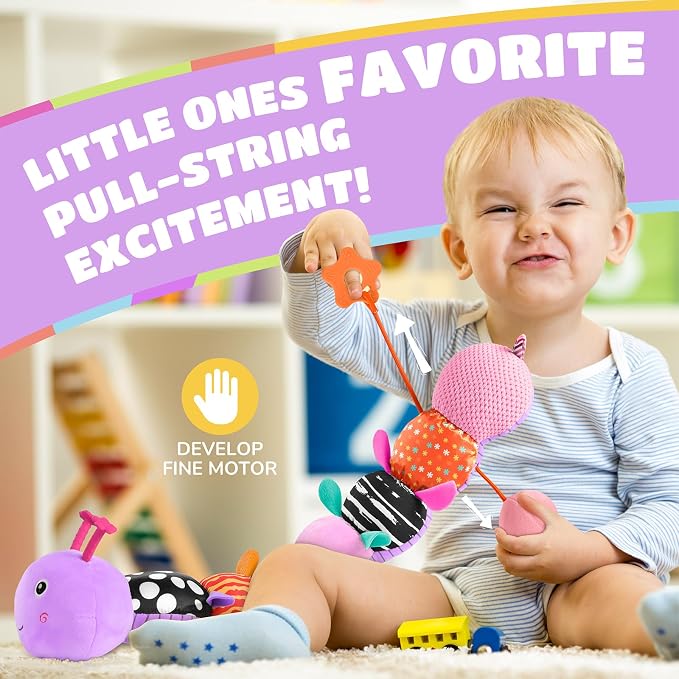AWOTOY Baby Toys 6-12 Months Music Caterpillar Infant Toys Stuffed Animals | 0-3-6 Months Sensory Toys Tummy Time Teething Toys with Mirror Pull String Rattle for Newborn Boy Girl Shower Birthday Gifts