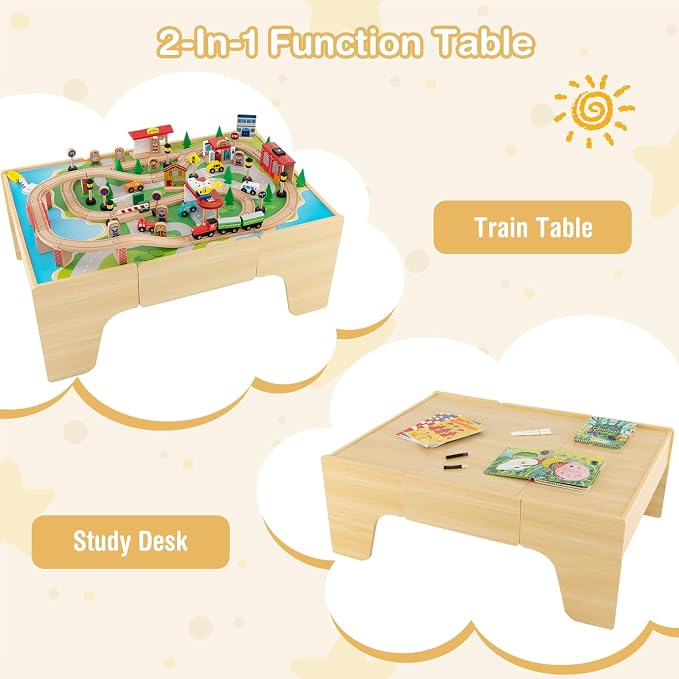 INFANS Train Table, 84 Pieces Wooden Kids Activity Toy Table Playset with Storage Drawer Reversible Detachable Tabletop, Tracks, Train, Railway, City, Gift for Toddler Boys Girls Ages 3+