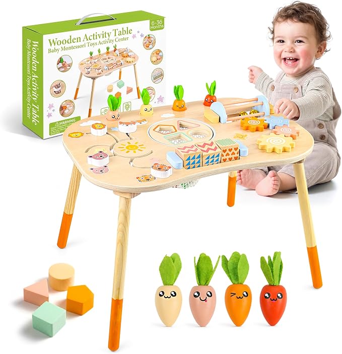 Wooden Montessori Activity Table for Toddlers 6-36 Months | 6-in-1 Montessori Baby Activity Center with Shape Sorter, Sensory Learning Toys for Boys & Girls, 1st Birthday Gifts