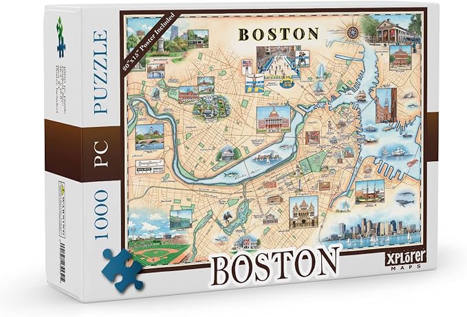 Boston City Map Jigsaw Puzzle – 1000 Pieces, Hand-Drawn Artwork, Educational Family Puzzle, Includes Poster – 19.8” x 26.4”