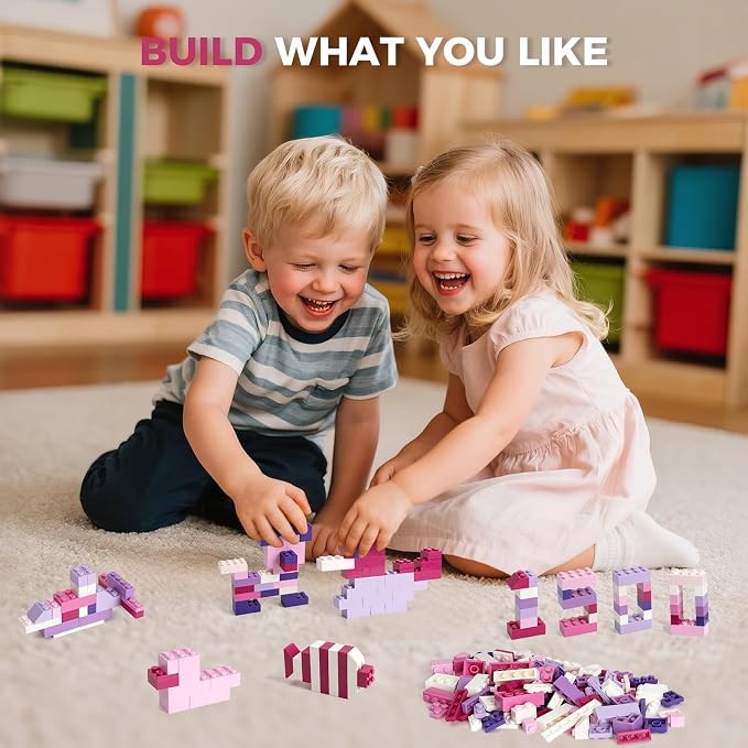 HUIZDQ 1500 Pieces Building Bricks, Building Bricks Set for Girls Age 6-7-8-12, Classic Bulk Small Blocks, Blocks Set (Pink Purple White)