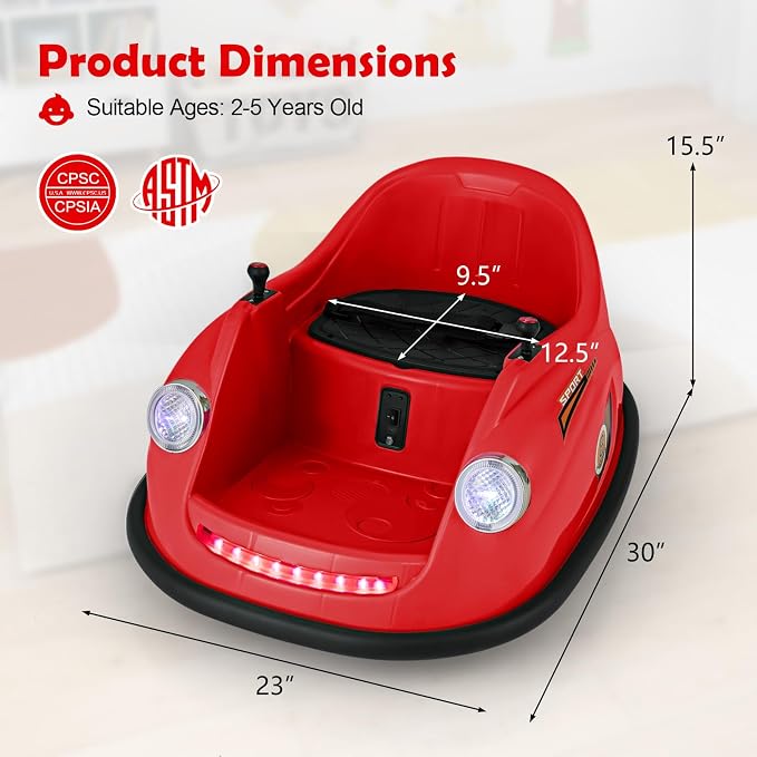 Costzon Bumper Car for Toddler, 12V Electric Kids Ride on Bumper Car with Remote Control, 360 Degree Spin, LED Lights, Music, Battery Powered Baby Bumping Toy Gift for Toddlers 2-5 Years Old (Red)