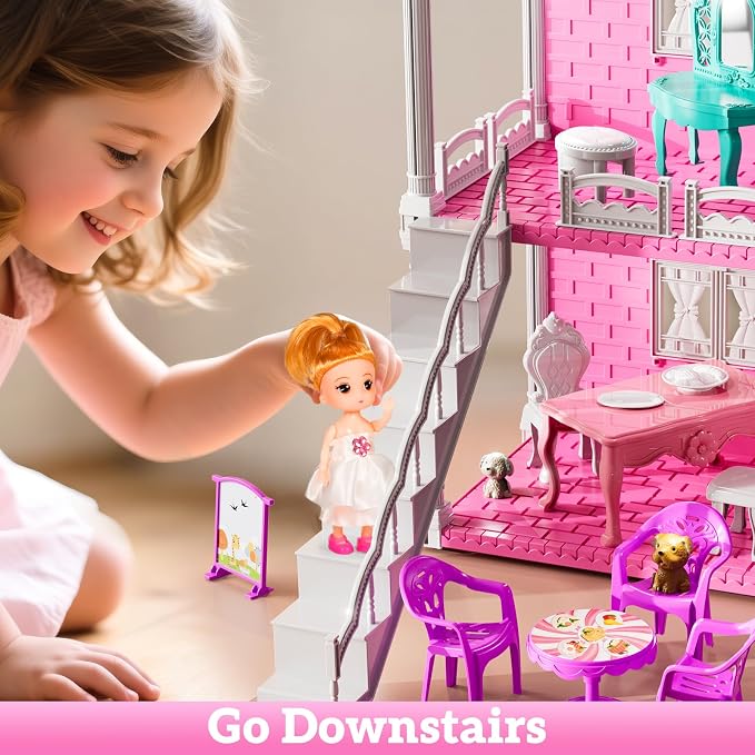JUKUDAHU Villa Playset for Girls Ages 3-7, Indoor Playset Girls Toys with 2 Storeys 3 Rooms 2 Dolls for Ages 6-8, Furniture and Accessories, Pretend Toddler Toy, Birthday Gifts for Kids 3 4 5 6 7 8
