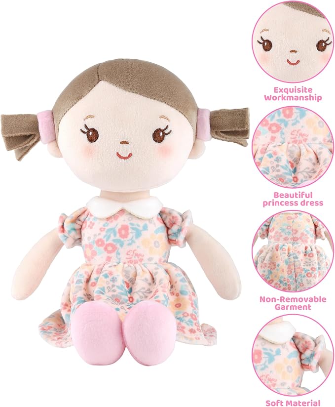 GAGAKU Soft Plush Baby Doll for Girls (12") - My First Baby Doll Gift for Girls, Toddlers & Infants, Machine Washable Rag Doll Toy - Pink Flower Girl