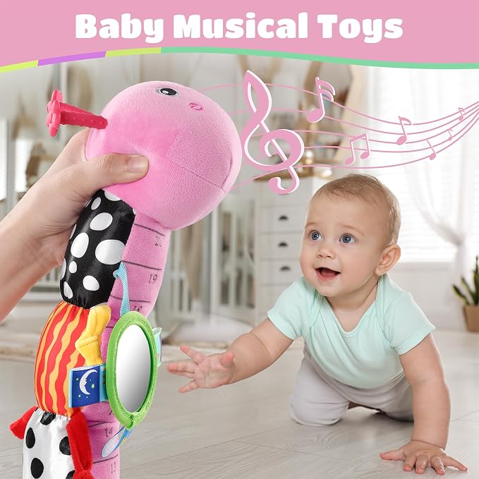 AWOTOY Baby Sensory Toys Music Caterpillar Plush Infant Toys 0 6 12 Months | Stuffed Animals Tummy Time Teething Toys with Mirror Pull String Rattle Baby Toys for Newborn Boy Girl Shower Birthday Gifts